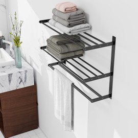 Towel Racks for Bathroom Wall Mounted 24", 3 Tier Bathroom Towel Shelf with Double Towel Bar, Stainless Steel Towel Rack with Towel Shelf, Towel Hanger Holder for Bathroom Towel Storage, Black
