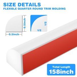 Flexible Quarter Round Molding, Peel and Stick Silicone Flexible Moulded Trim for Corner Ceilings, Floors, Bathrooms, Kitchens, Countertops (White, 1/2 x 1/2 x 158Inch)