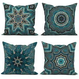 ASDCXZ Boho Cushion Cover, 45 x 45 cm, Set of 4, Retro Geometric Pattern, Blue Gold Sofa Decorative Cushion Covers, Washable Polyester Flax Textile, Outdoor Upholstery Pillowcase Cushion Cover
