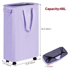 efluky Slim Laundry Hamper with Wheels, Rolling Laundry Basket for Clothes, Small Laundry Basket for Bedroom, Dorm and Laundry Room, 48L (12.7 Gallons) Purple