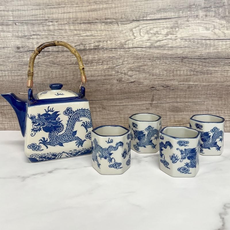 Oriental Dragon Porcelain Square Shaped Tea Set 20 fl oz