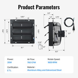 Windigaga 8 Inch Shutter Exhaust Fan, 760 CFM, 40dB Quiet Cooling Ventilation, Wall Mounted Exhaust Fan for Garage, Greenhouse, Attic, Basement, Chicken Coop