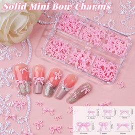 2 Boxes 3D Bow Nail Charms, Pink Mini Bow Charms Transparent/Solid Resin Bow with Pickup Tools for Women Nail Decorations DIY Craft
