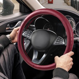 PJBTYZ 【2025 Model】 High-Grade Real Cowhide Steering Wheel Cover for Men Women，Wine Red Genuine Leather Steering Wheel Cover for Cars,Universal 14.5-15 inch Steering Wheels,Grid & Square Motif