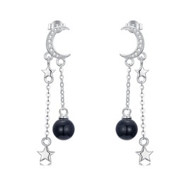 SHINYKEND Black Agate Moissanite Moon Star Earrings for Women, 925 Sterling Silver Star Moon Pendant Earrings Jewelry Gift Anniversary Birthday for Wife Girlfriend