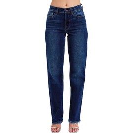 Judy Blue Women's Mid Rise Straight Jeans with Frayed Hem (Dark Blue 82622, 13)