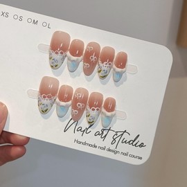 TENPAL Reusable Press on Nails Medium Almond,Hand-Painted Floral Bows Ruched French Tips in Blush Pink,Cottagecore Sweet Fake Nails with Full Manicure Kit,10pcs Cloud-Like Design Garden Party Nail(M)