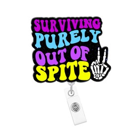 Arakulago Badge Reel Retractable Funny Nurse Nursing Badge Holder with ID Clip Accessories Surviving Purely Out of Spite RN CNA Medical Assistant Glitter Pink Acrylic Name Badge Clip Hospital Jler63