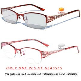 laureles Fashion Photochromic Bifocal Reading Glasses Women's Sun Glasses Transition Metal Frame Red Presbyopia Female (Red, 0.00/+2.00 Magnification)