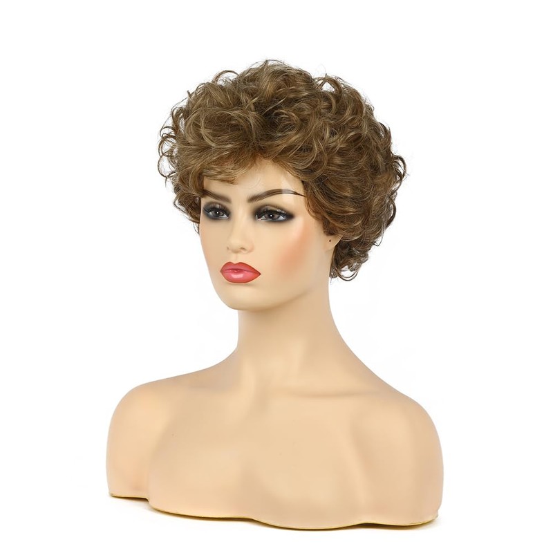 Womens Blonde Brown Short Fluffy Curly Wig for Daily Party