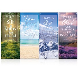4Pcs Church Banners with Scripture for Sanctuary Wall Worship Classical Christian Banner Inspirational Religious Praise Hanging Sign Scenic Welcome Backdrop for Christmas Xmas Sunday School Decor