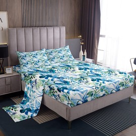 Spring Green Leaves Bed Sheet Set Twin,Tropical Palm Leaves Botanical Leaves Soft Microfiber Sheet Set,Rustic Farmhouse Style Fitted Sheet + Flat Sheet + 1 Pillow Case