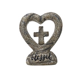 Standing Cross in Heart Rustic Religious Décor - Resin Spiritual Home Accent - Inspirational Heart and Cross Figurine - Faith-Inspired Standing Cross Display - Religious Gift for Spiritual