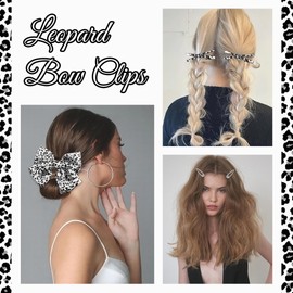 Arocooy Leopard Hair Bow White Bowknot Alligator Clips Silver No Slip Metal Snap Clips 3 Styles Leopard Print Bows Y2K Hair Barrettes 5PCS Ponytail Hair Accessories for Women and Girls