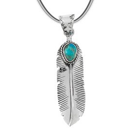 Turquoise Feather Pendant Necklace Sterling Silver 925 (Sterling Silver Pendant, Stainless Chain 20") (MEDIUM - Turquoise)