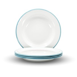Red Co. Set of 4 Enamelware Metal Classic 8" Round Salad Plate, Solid White/Teal Rim