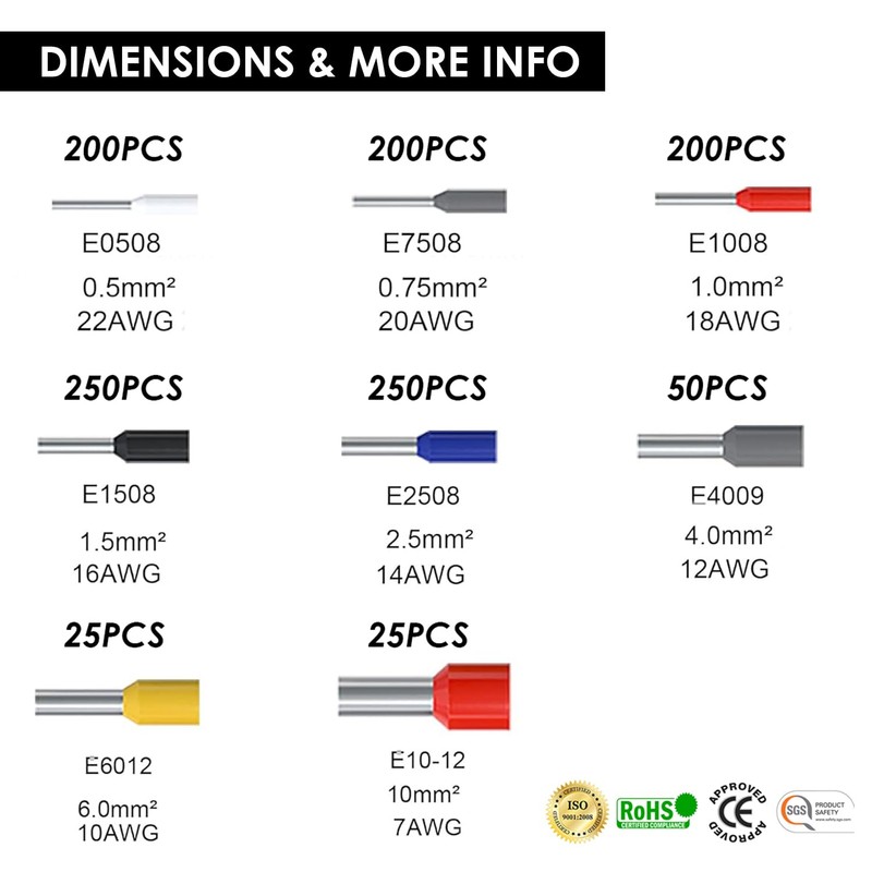 1200PCS Assorted Wire Ferrules Terminals Kit, AWG 22-10 Insulated Copper