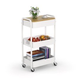HIDODO 3 Tier Metal Utility Cart, Rolling Storage Cart with Wooden Tabletop, Metal Organizer Cart with Lockable Wheels for Office, Bedroom, Kitchen and Living Room (White)