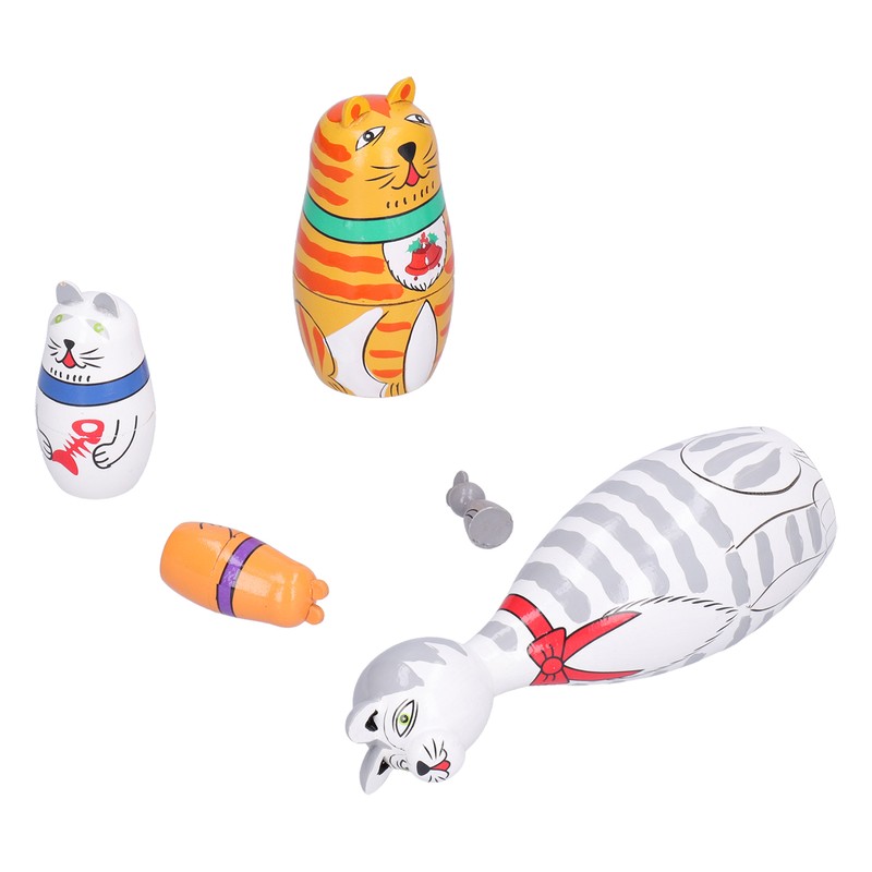 5Pcs Nesting Dolls Kit Innovative Cartoon LongNecked Cat Ornament Wooden