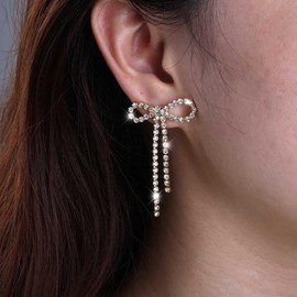 Inateannal Rhinestone Bow Earrings Silver Crystal Bow Drop Earrings Long Rhinestone Tassel Earrings Long Tennis Chain Drop Earrings Cubic Zirconia Stud Earrings Jewelry for Women