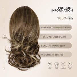 Clip on Ponytails for Women - 14 Inch Curly Ponytail Extension, Wavy Pony Tails Hair Extensions, Synthetic Hair Extensions Ponytail, Clip in Ponytail (Color: Ash Brown with Beige Blonde Highlights)