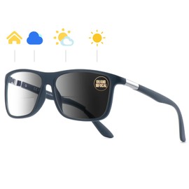 Missfive Photochromic Bifocal Reading Glasses Men Blue Light Protection, Designer Transition Retro Computer Readers Far and Near Dual-Use Lens Stylish Vintage Eyeglasses Matte Gray Eyewear, 1.5x