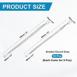 MECCANIXITY 10Pcs Braided Ground Strap 10" x 0.4", 12" x 0.4" Tinned Copper Universal Automotive Flexible Bare Flat Ground Strap Connectors with Terminal Plugs for Most Car Vehicle