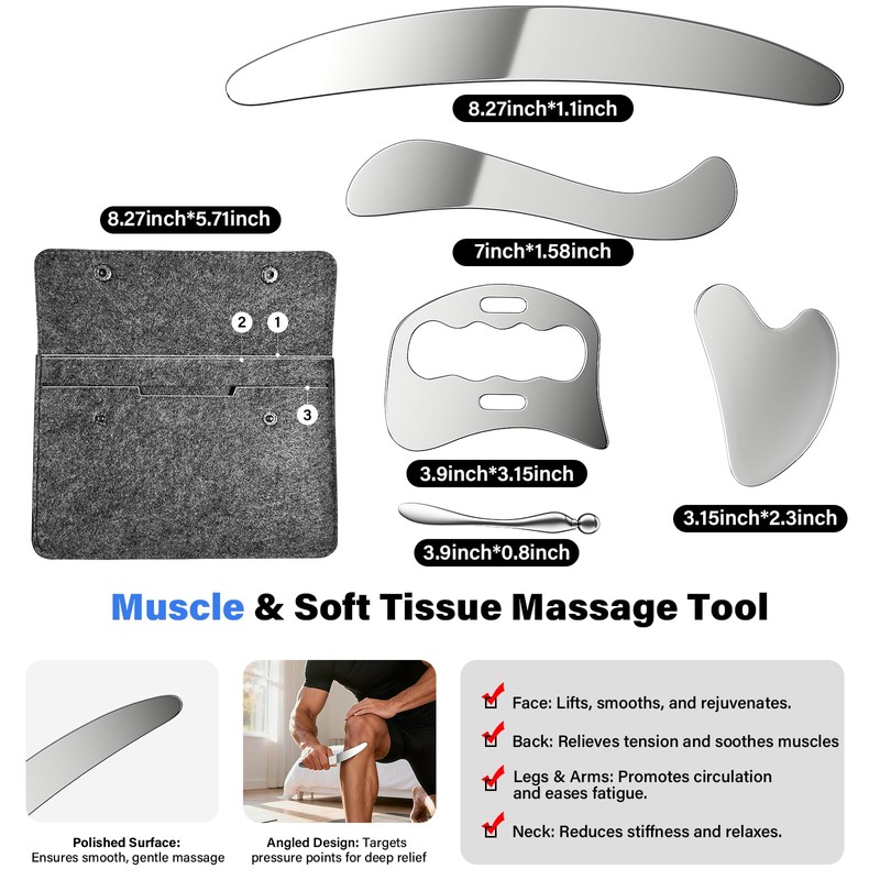 304 Stainless Steel Guasha Muscle Scraper Set, 5 in 1