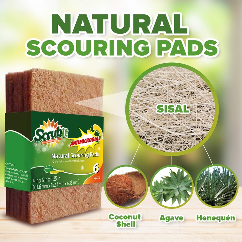 SCRUBIT Natural Scouring Pads (12 Pack) - Eco Friendly Scrubbing