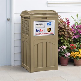 Greesum 33 Package Delivery Box for Outside, Patio Waterproof Resin Garbage Bin with Lid for Hideaway, Deck, Patio, Light Coffee