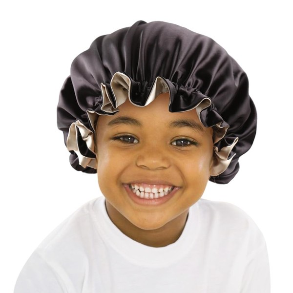 sent hair Baby Satin Bonnet Sleeping Cap, Adjustable Kids Sleep Bonnet with Drawstring, Double Layer Night Hair Caps for 0-3 Years Old Kids/Child/Baby/Toddler (Black/Champagne)
