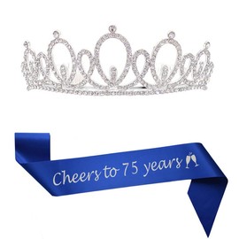 Happy 75th Birthday Tiara and Sash Gifts Crystal Rhinestone Princess Crown Birthday Women Party Favor Supplies Silver Crowns Blue Sash