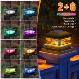 Viewsun Solar Post Lights Outdoor Waterproof RGB Color Changing Modes Fence Post Cap Lights, Deck Post Lights Solar Powered for 4x4 5x5 6x6 Wooden or Vinyl Yard Garden Patio Decor, Black(8 Pack)