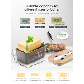 Butter Dish with Lid, Home Decor, Large Butter Dish for Countertop Ceramic Butter Keeper Container with Knife and High Quality Silicone Sealing Butter Box Good Kitchen Gift Grey