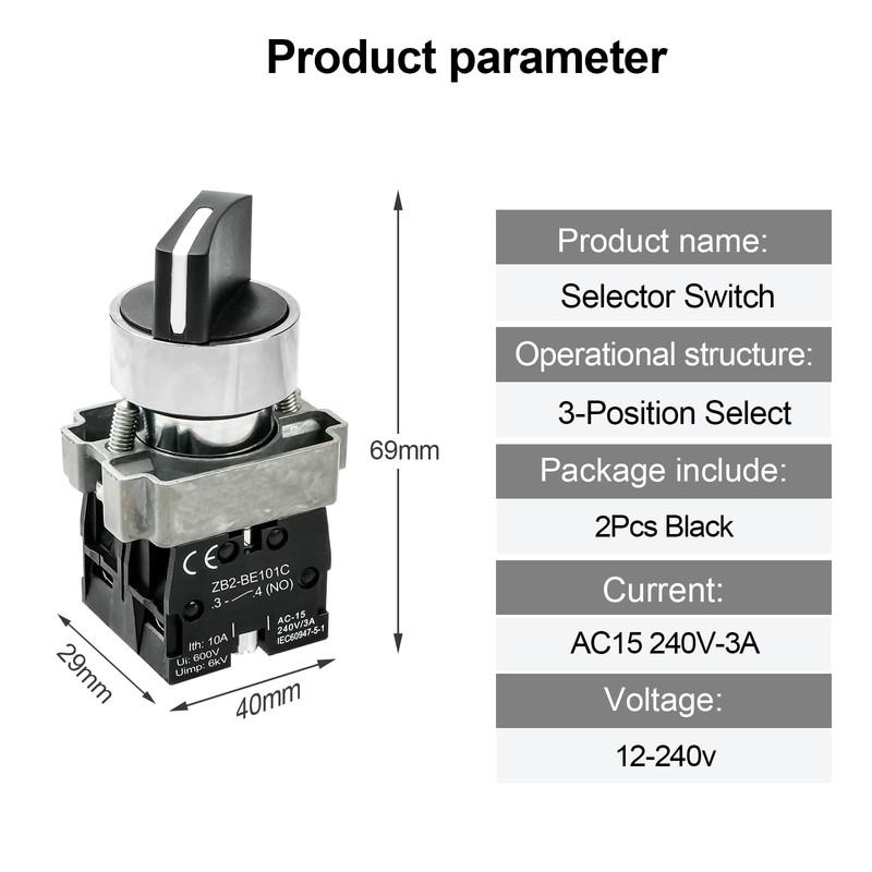 OELFFOW 2Pack Black 3-Position Selector Switch 2NO Metal Head Switch