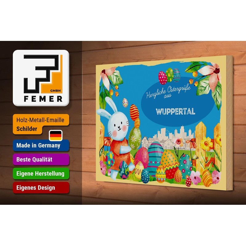 FEMER Wooden Sign Easter Greetings 30 x 20 cm Wuppertal