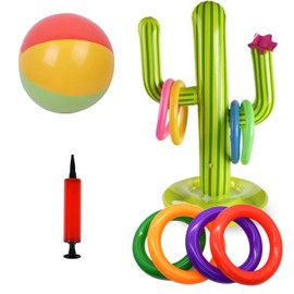 Inflatable Cactus Ring Throwing Game Set, 1 Inflatable Cactus, 1 Inflatable Ball, 8 Colour Inflatable Rings and 1 Air Pump for Summer Party Children Adults Pool Toy