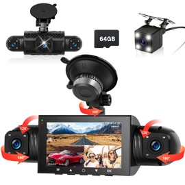 Podofo 360° Dash Cam Front and Rear Inside,4 Channel 3" IPS Touchscreen Dash Cam Front and Rear Inside Left Right,4*1080P Dash Camera with Night Vision,Loop Recording,G-Sensor,24 Hours Recording+64G