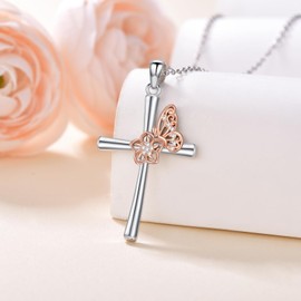 LWXIE Diamond Cross Necklace for Women 925 Sterling Silver Cross Pendant Necklaces Flower Cross Pendants Jewelry Gifts for Mother's Day Birthday Christmas