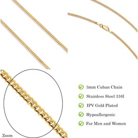 Kritz Curb Chain Gold Stainless Steel 3 mm Width for Men and Women – Gold Chain Cuban for Men and Women Chain Length 40 45 50 55 cm – Jewellery Gift, Stainless Steel Gold, No Gemstone