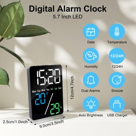 Lafocuse 5.7" LED Digital Alarm Clock Bedside, Table Clocks with Dual Alarm, Date, Day, Temperature, USB Charging, Snooze for Heavy Sleepers Elderly Bedroom Living Room Office