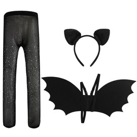 Fancheer Black Bat Wings Ears Headband Tights Set for Girls Teens Costume Dress Up Accessories