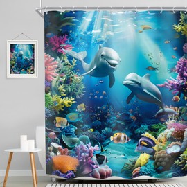 MESHELLY Ocean Beach Shower Curtain 60Wx72H Underwater Tropical Sea Animal Dolphin Coral Fish Nautical Coastal Botanical Bathroom Nature Bath Curtain Bathroom Accessories Decor with 12 Hooks
