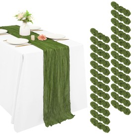 25 Pcs Olive Green Cheesecloth Table Runner 10FT, Rustic Sheer Cheese Cloth Table Runners 20x120 inch for Wedding Bridal Shower Baby Shower Party Decoration, Boho Gauze Fabric Wedding Table Runner