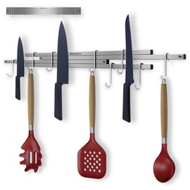 KINESISRACK Magnetic Knife Holder for Wall 16 inch Expands up to 30 inches 4 Strip Neodymium Magnetic Rack with 10 Hooks for Kitchen Utensils Organize. No Drill Tools Holder
