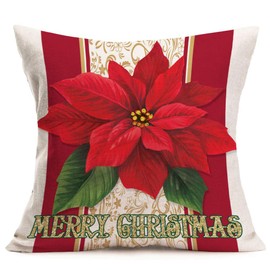 Fukeen Merry Christmas Flower Throw Pillow Covers Red Poinsettia Floral Holly Leaves 18x18 Inch Pillow Cases Cotton Linen Bay Window Farmhouse Decorations Cushion Cover Xmas Gifts