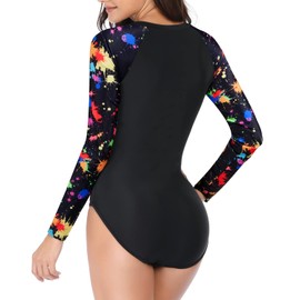 Daci Women Black and Colorful Prints Rash Guard Long Sleeve One Piece Swimsuit Zipper Surfing Bathing Suit UPF 50 S