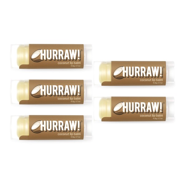 Hurraw! Coconut Lip Balm, 5 Pack: Organic, Certified Vegan, Cruelty and Gluten Free. Non-GMO, 100% Natural Ingredients. Bee, Shea, Soy and Palm Free. Made in USA