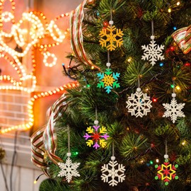 MELLIEX Pack of 18 Snowflakes Christmas Tree Pendants Wooden Christmas Tree Decorations Wooden Christmas Tree Pendant with Jute Cord for DIY Crafts Gift Christmas Decoration