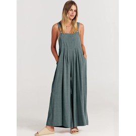 ANRABESS Womens Jumpsuits Overalls Wide Leg Casual Summer Outfits Linen Rompers Jumpers Sleeveless Straps 2024 Clothes Grey Blue Small